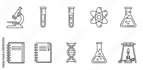 Collection of science and laboratory equipment icons including a microscope, test tubes, atom, and DNA helix, illustrated in a clean black and white minimalist line art style