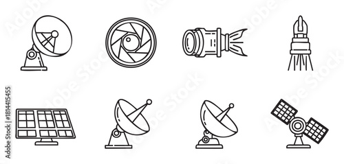 Collection of hand-drawn doodle icons representing space technology, communication, and optics, including satellites, dishes, a solar panel, and a camera lens