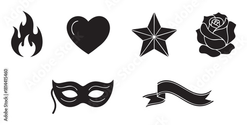 Collection of black silhouette icons in a traditional tattoo style, including a flame, heart, star, rose, mask, and ribbon