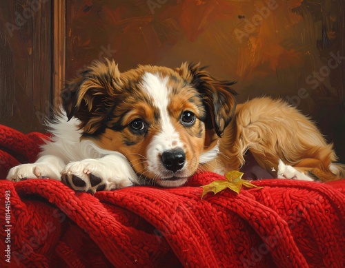 Charming border collie puppy resting peacefully on a cozy knitted blanket