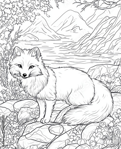 Detailed arctic fox line art for coloring page with nature scenery