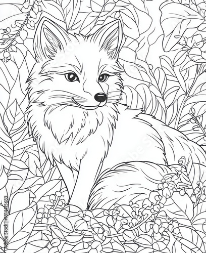 Arctic fox coloring page with detailed landscape background