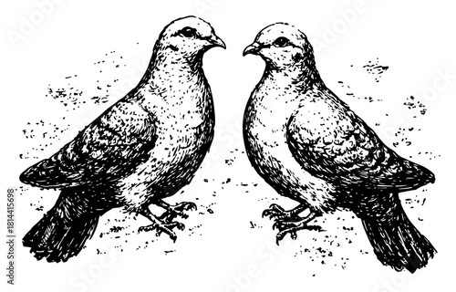 pair of doves facing each other vintage engraved bird illustration vector