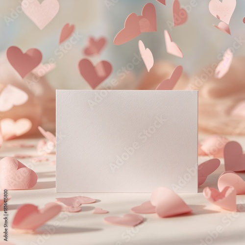 Sweet Hearts Cascade Around a Blank Card on a Softly Textured Surface