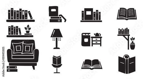 Collection of black glyph icons representing reading, literature, and home comfort, featuring bookshelves, an armchair, a lamp, and various books