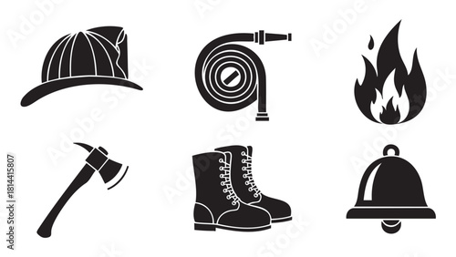 Collection of black silhouette icons representing firefighter equipment and emergency symbols like a helmet, hose, flame, axe, boots, and alarm bell