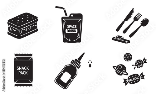 Set of monochrome glyph icons for astronaut food and cosmic dining, featuring a sandwich, juice pack, utensils, squeeze bottle, snack wrapper, and galactic candy illustrations