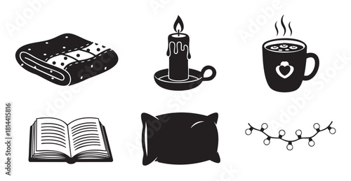 Cozy home comfort icon set featuring a warm blanket, lit candle, steaming mug, open book, soft pillow, and festive lights in a simple black and white graphic style