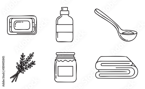 Hand-drawn icon set of spa and bathroom essentials for beauty and wellness, including soap, a bottle, herbs, a jar, and a folded towel in a minimalist black and white line art style