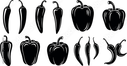 Black Silhouette Set of Pepper Varieties, Including Hot Chili Peppers, Jalapeño, and Sweet Bell Peppers, Vegetable Food Vector Icons Collection.