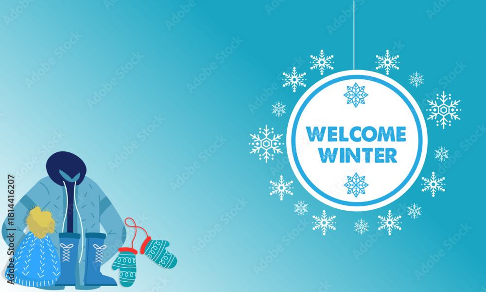 Naklejka premium Winter Welcome with Warm Clothes Embracing the Cold Season's Appeal with Snowflakes and Stylish Garments, a Perfect Visual