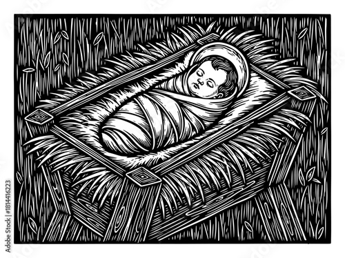 Baby Jesus wrapped in swaddling clothes lying in manger woodcut style vector illustration