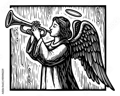 Christmas angel with wings and halo blowing trumpet horn vintage woodcut vector illustration