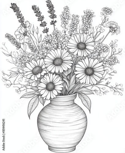 Detailed flower arrangement coloring page line drawing