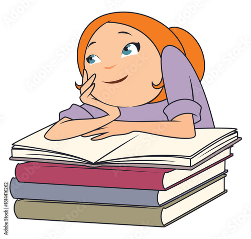 Dreamy girl thinking about books.