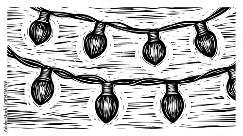 Hand drawn Christmas string lights vector illustration featuring decorative holiday bulb garland on wooden texture background in linocut art style