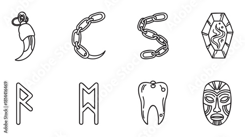Collection of mystical and ancient symbols including runes, a tribal mask, a fang amulet, and a magic crystal, all rendered in a clean black and white line art icon style