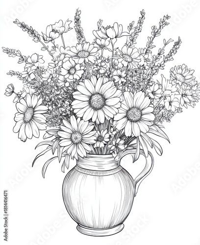 Wildflower vase line art floral coloring page