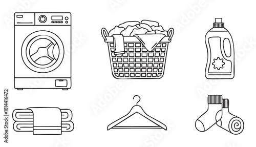 Minimalist black outline icons for laundry service, featuring a washer, dirty clothes basket, detergent bottle, folded towels, hanger, and socks