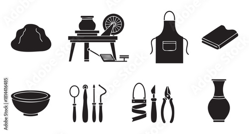Set of black silhouette icons representing the craft of pottery making, including a potter's wheel, clay, sculpting tools, an apron, and finished ceramics