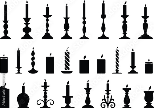 PrintDiverse Candle and Candlestick Silhouette Set Vector, Pillar, Taper, and Gothic Candle Holders for Romantic Dinner and Decoration Graphics