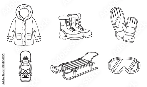 Collection of hand-drawn winter essentials including a warm coat, snow boots, mittens, a wooden sled, ski goggles, and a vintage lantern, presented as a black and white icon set
