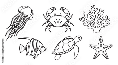 Set of minimalist black line art icons depicting various marine animals and coral, including a jellyfish, crab, turtle, fish, and starfish