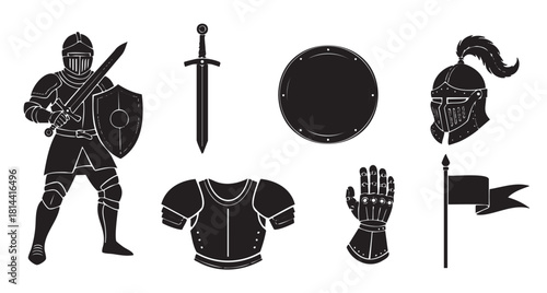 Collection of black silhouette icons depicting a medieval knight, armor, and weapons like a sword, shield, helmet, and gauntlet