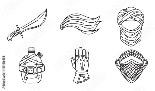 Collection of hand-drawn desert nomad accessories including a scimitar, turban, canteen, and gauntlet
