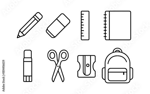 Simple linear school supplies icons for back to school and office use