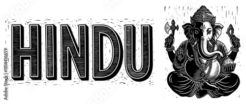 Hindu word typography and Lord Ganesha woodcut illustration Vector black and white religious design