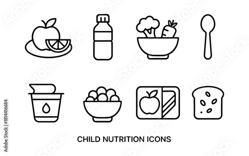 Child nutrition icons: healthy food line art for kids' meals and snacks