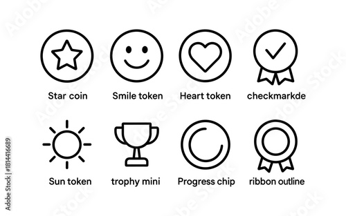 Minimalist line icons featuring tokens and awards with simple shapes