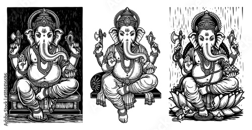 Lord Ganesha Seated On Throne And Lotus Vintage Line Art Vector Set