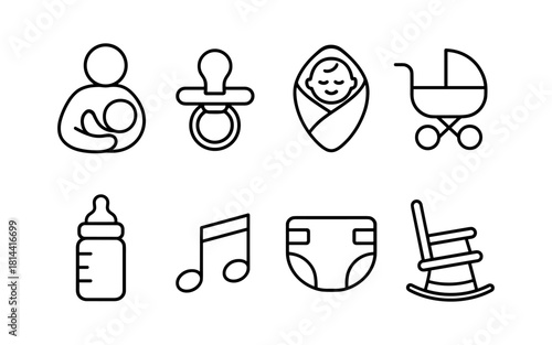 Baby and parenting icons set in simple linear style