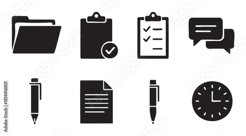 Minimalist black silhouette icon set for business and office themes, featuring a folder, clipboard, checklist, chat, pen, paper, and clock symbols