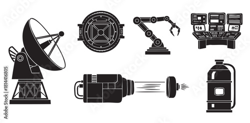 Various pieces of futuristic science fiction equipment illustrated as black silhouettes, featuring a satellite dish, robotic arm, control panel, and a high-tech weapon