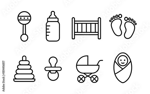Minimalist baby essentials icons: rattle, bottle, crib, and more in linear style