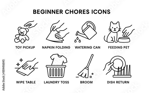 Chore icons set: simple line art for household tasks and activities