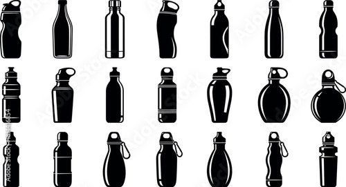 Diverse Sport Water Bottle Silhouettes Vector Set, Featuring Plastic, Insulated, and Hydration Containers, Fitness and Healthy Lifestyle Icons Collection.