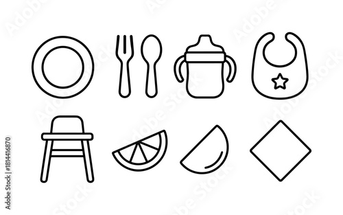 Simple line icons of baby essentials and dining items