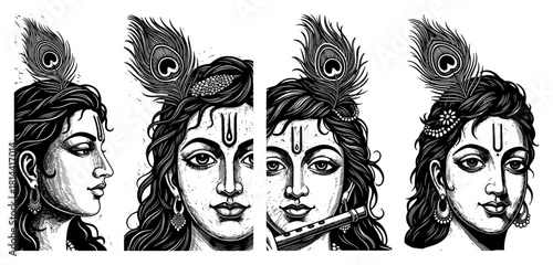 set of lord krishna portraits with flute and peacock feather woodcut engraving vector