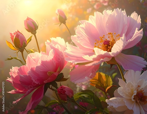 Close-up of lush, pink blooms bathed in warm sunlight, with delicate petals and unopened buds creating a soft, dreamy ambiance