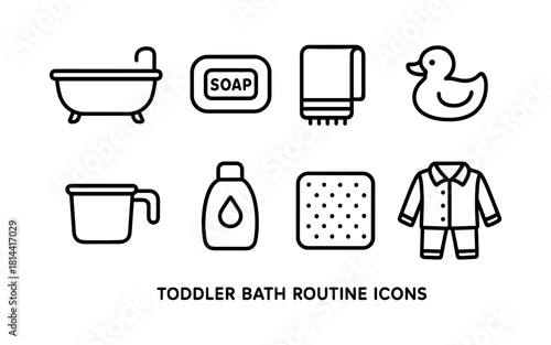 Simple outline icons for toddler bath routine with soap, towel, duck, and more