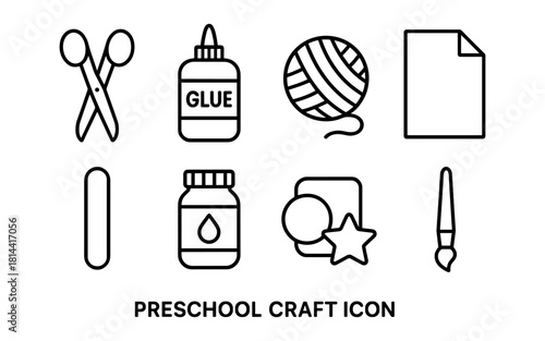 Preschool craft icon set: scissors, glue, yarn, paper, paint, and more