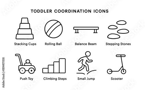 Toddler coordination icons: stacking, rolling, balancing, and jumping activities in line art