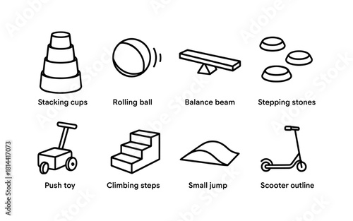 Minimalist line icons of children's play equipment