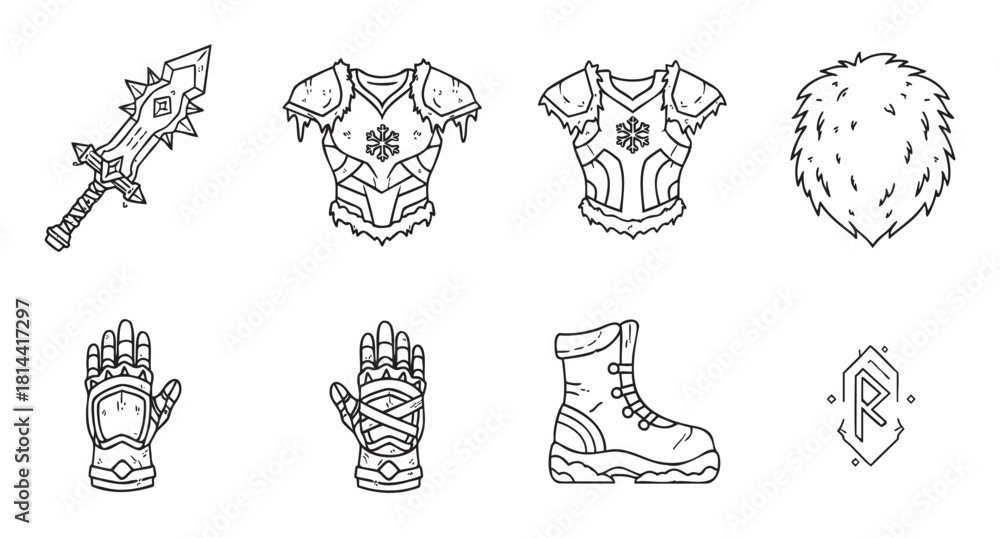 Obraz premium Collection of black and white line art illustrations for a fantasy role-playing game, featuring winter warrior armor, a spiky sword, gauntlets, a boot, and a magic rune