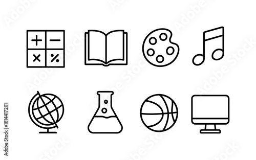 Education and hobbies: linear icons set featuring math, art, music, and science symbols