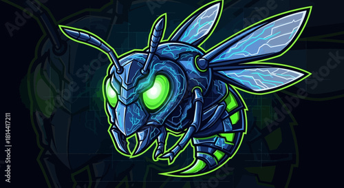A cartoonish blue insect head mascot with glowing green eyes and neon outline against a dark background with a menacing mood and cinematic lighting.